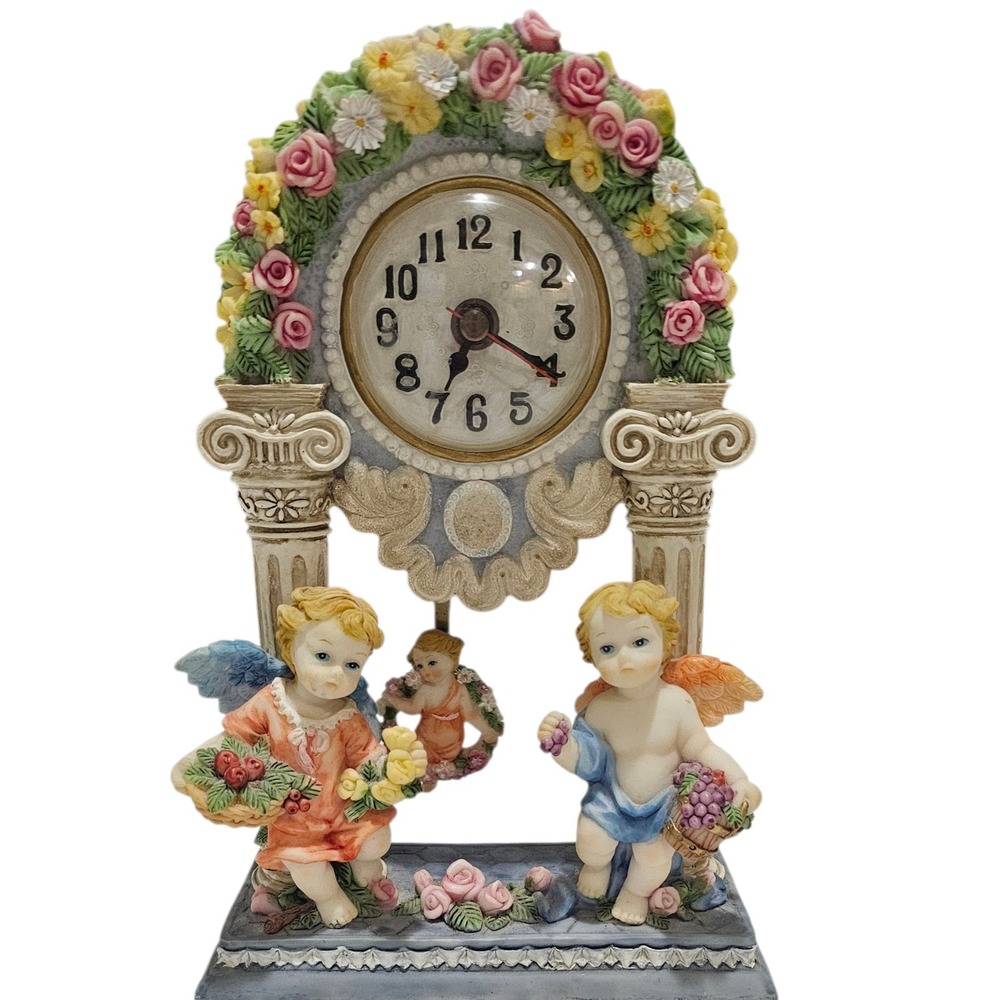 Cherub Angel Cherries Grapes Clock Arch Floral Pillar Mantel Shelf Decor